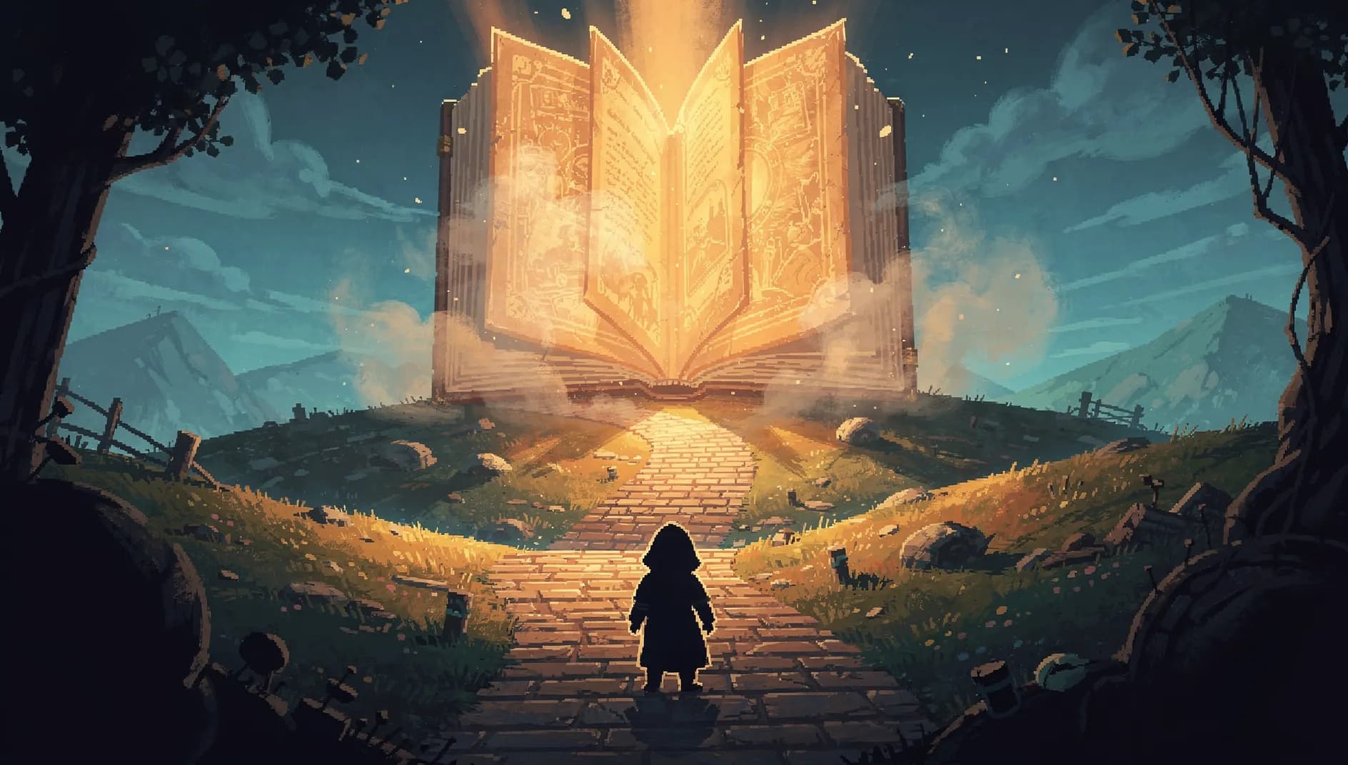 Un enfant dans une forêt enchantée au crépuscule, parmi des lumières ambrées — Mirari, histoires interactives